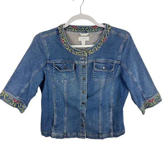 CJ Banks Stretch Cotton Embroidered 3/4 Sleeve Snap Up Jean Jacket Size X 14W - Picture 1 of 8